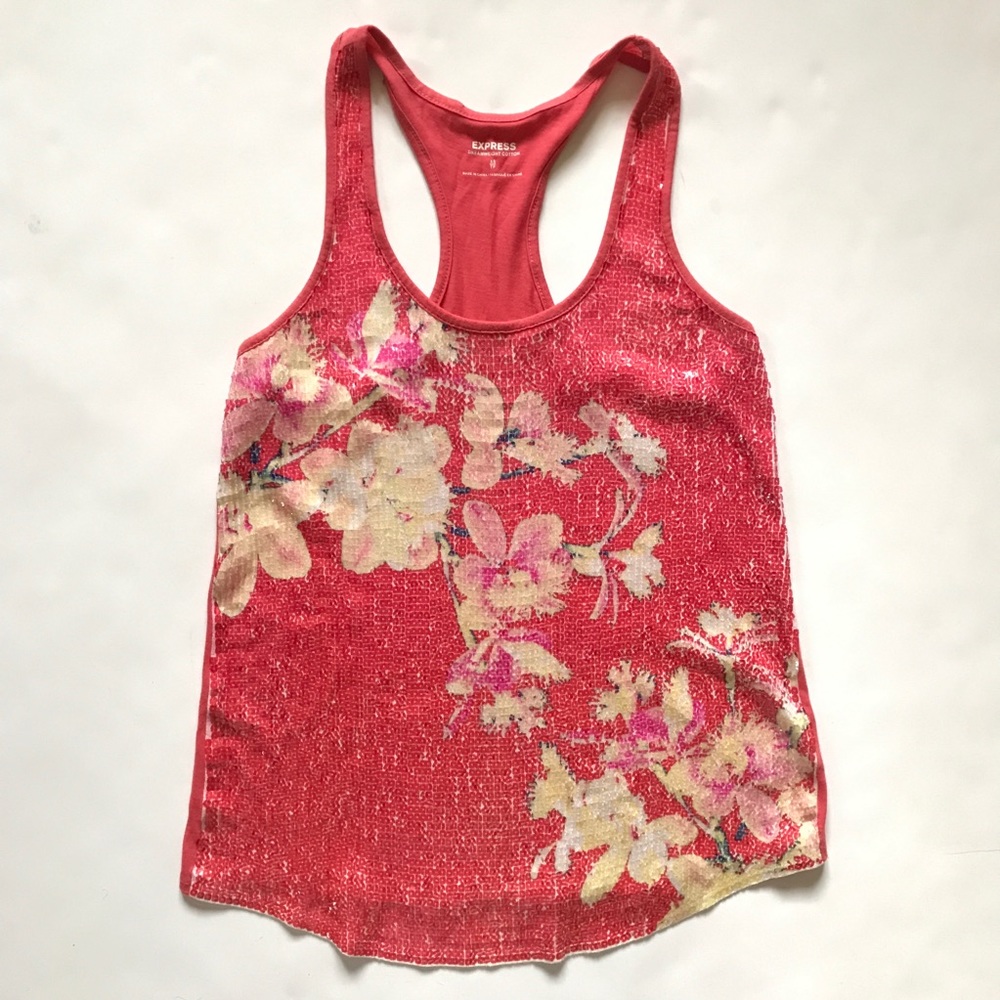 EXPRESS CORAL FLORAL SEQUINS TOP SIZE XS